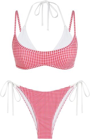 ZAFUL Women's Plaid Bikini Set Colorblock Dual Straps Halter String Tie Side 2 Piece Swimsuit Bathing Suit in Saudi Arabia