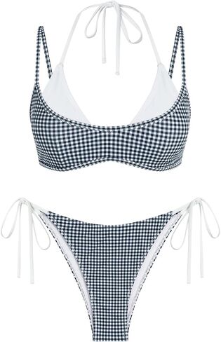ZAFUL Women's Plaid Bikini Set Colorblock Dual Straps Halter String Tie Side 2 Piece Swimsuit Bathing Suit in Saudi Arabia