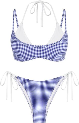 ZAFUL Women's Plaid Bikini Set Colorblock Dual Straps Halter String Tie Side 2 Piece Swimsuit Bathing Suit in Saudi Arabia