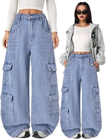 Nivne Tco Tween Girls Cargo Jeans Casual Oversized Multi-Pocket Washed Light Blue Streetwear Denim Pants with Zipper Fly in Saudi Arabia