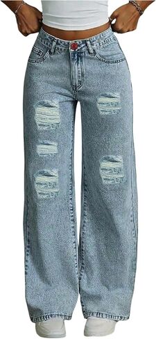 GORGLITTER Girl's Baggy Jeans Wide Leg Ripped Frayed Trim Low Rise Cute Y2K Denim Bottoms Pants Trouser with Pockets in Saudi Arabia