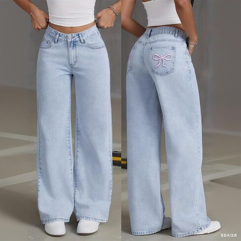 Youth Girls Baggy Straight Jeans Y2k Bowknot High Waist Wide Leg Washed Denim Pants Kids Cute Trendy Loose Fit Trousers in Saudi Arabia