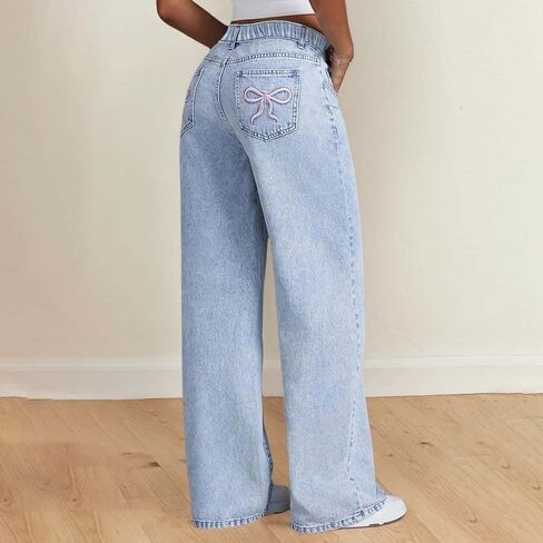 Youth Girls Baggy Straight Jeans Y2k Bowknot High Waist Wide Leg Washed Denim Pants Kids Cute Trendy Loose Fit Trousers in Saudi Arabia