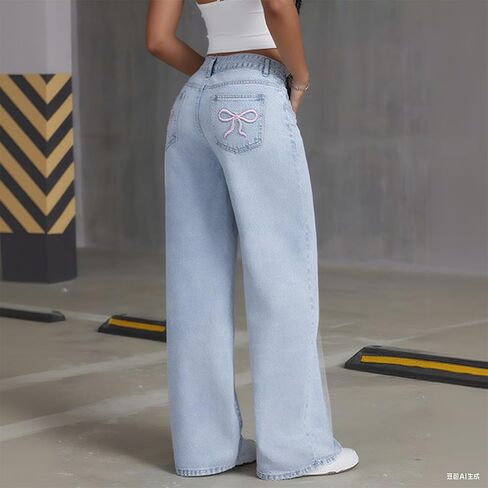 Youth Girls Baggy Straight Jeans Y2k Bowknot High Waist Wide Leg Washed Denim Pants Kids Cute Trendy Loose Fit Trousers in Saudi Arabia
