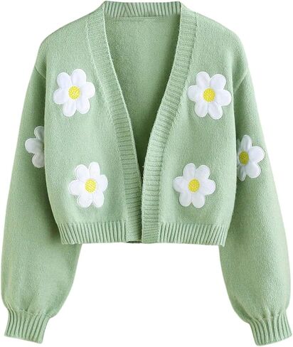 OYOANGLE Girl's Floral Embroidery Open Front Cropped Cardigan Sweater Lantern Long Sleeve Knit Outerwear in Saudi Arabia