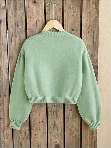 OYOANGLE Girl's Floral Embroidery Open Front Cropped Cardigan Sweater Lantern Long Sleeve Knit Outerwear in Saudi Arabia