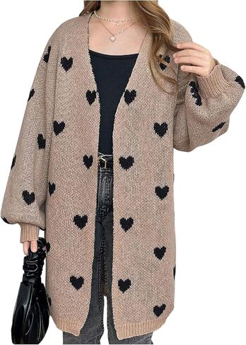 Girl's Heart Graphic Cardigan Sweaters Open Front Long Sleeve Knit Long Outerwear Coat Fall Clothes in Saudi Arabia