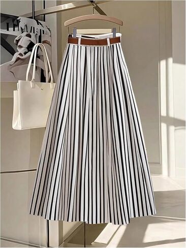 Floerns Women's Elegant Striped A Line Skirt Button Front Office Business Casual Long Skirt with Belt in Saudi Arabia