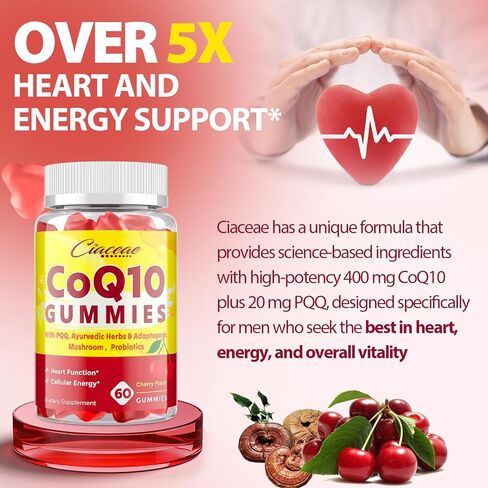 علكة CoQ10 مع PQQ - 400 ملجم من الإنزيم المساعد Q10 عالي الفعالية، معزز بأعشاب الأيورفيدا ومزيج الفطر المتكيف والبروبيوتيك للقلب والدماغ والطاقة والمناعة ونكهة الكرز، 120 علكة نباتية in Kuwait