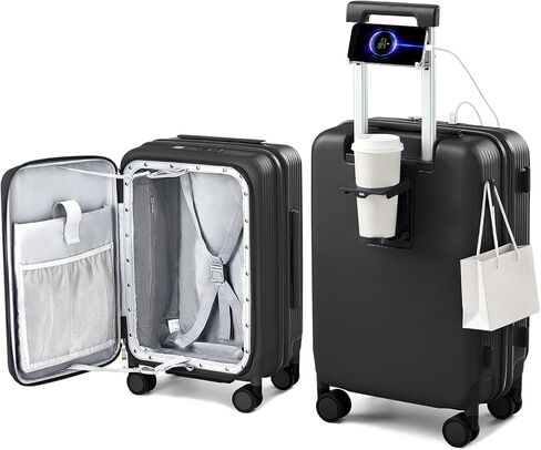 حقيبة هانكي قابلة للتوسيع مقاس 20 بوصة تحمل على الأمتعة معتمدة من شركة الطيران، حقيبة سفر ذات فتحة علوية مع حامل أكواب وحقائب صلبة بعجلات (أسود غامق) in Kuwait