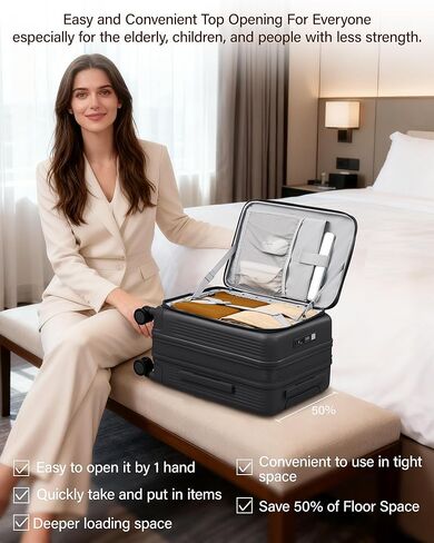 حقيبة هانكي قابلة للتوسيع مقاس 20 بوصة تحمل على الأمتعة معتمدة من شركة الطيران، حقيبة سفر ذات فتحة علوية مع حامل أكواب وحقائب صلبة بعجلات (أسود غامق) in Kuwait