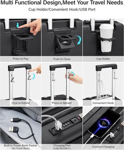 حقيبة هانكي قابلة للتوسيع مقاس 20 بوصة تحمل على الأمتعة معتمدة من شركة الطيران، حقيبة سفر ذات فتحة علوية مع حامل أكواب وحقائب صلبة بعجلات (أسود غامق) in Kuwait