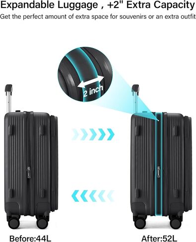 حقيبة هانكي قابلة للتوسيع مقاس 20 بوصة تحمل على الأمتعة معتمدة من شركة الطيران، حقيبة سفر ذات فتحة علوية مع حامل أكواب وحقائب صلبة بعجلات (أسود غامق) in Kuwait