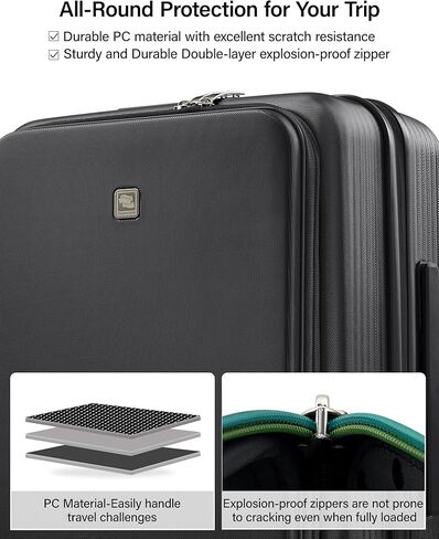 حقيبة هانكي قابلة للتوسيع مقاس 20 بوصة تحمل على الأمتعة معتمدة من شركة الطيران، حقيبة سفر ذات فتحة علوية مع حامل أكواب وحقائب صلبة بعجلات (أسود غامق) in Kuwait