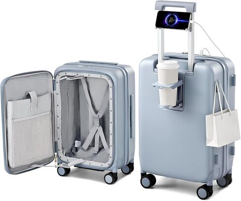 حقيبة هانكي قابلة للتوسيع مقاس 20 بوصة تحمل على الأمتعة معتمدة من شركة الطيران، حقيبة سفر ذات فتحة علوية مع حامل أكواب وحقائب صلبة بعجلات (أسود غامق) in Kuwait