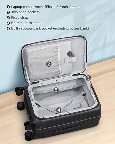 حقيبة هانكي قابلة للتوسيع مقاس 20 بوصة تحمل على الأمتعة معتمدة من شركة الطيران، حقيبة سفر ذات فتحة علوية مع حامل أكواب وحقائب صلبة بعجلات (أسود غامق) in Kuwait