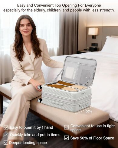 حقيبة هانكي قابلة للتوسيع مقاس 20 بوصة تحمل على الأمتعة معتمدة من شركة الطيران، حقيبة سفر ذات فتحة علوية مع حامل أكواب وحقائب صلبة بعجلات (أسود غامق) in Kuwait