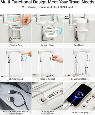 حقيبة هانكي قابلة للتوسيع مقاس 20 بوصة تحمل على الأمتعة معتمدة من شركة الطيران، حقيبة سفر ذات فتحة علوية مع حامل أكواب وحقائب صلبة بعجلات (أسود غامق) in Kuwait