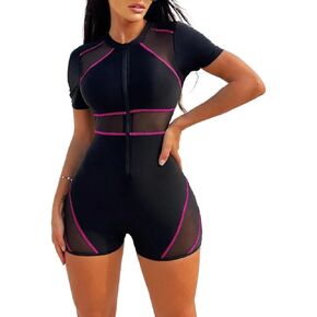 Womens Casual Colorblock Short Sleeve High Stretch Swimsuit One-Piece Monokini with Mesh Panel for Beach & Sports in Saudi Arabia