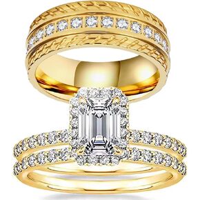 1CT CZ Wedding Ring Set for Women & Men Yellow Gold Plated Bridal Couple Rings Titanium Steel Ring Wedding Band in Kuwait