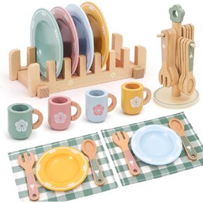 30 PCS Wooden Play Dishes and Plates for Kids, Montessori Wooden Kitchen Accessories Tableware Set Toys for Toddler Gifts, Pretend Play Food Sets for Children Birthday 3 4 5 6 Boys Girls in Kuwait
