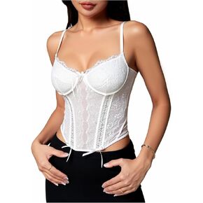 Women's Floral Lace Corset Tops Vintage Bow V Neck Sheer Coquette Party Club Bustier in Kuwait