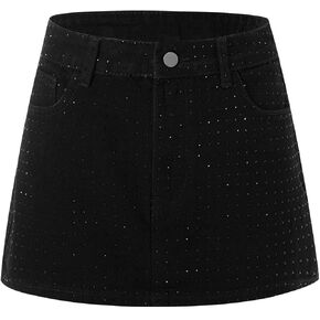 Women's Rhinestone Denim Mini Skirt Y2k Glitter Bodycon Party Club Jean Skirts Night Out Outfit in Saudi Arabia