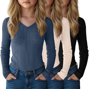 3 Pack Girls Long Sleeve Cotton Shirts Ribbed Knit Layering Tops Slim Fit V Neck Basic Undershirts in Kuwait