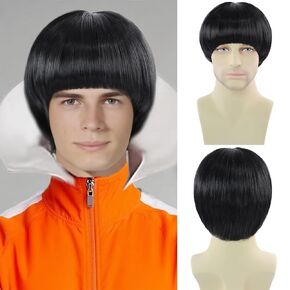 شعر مستعار بالفطر الأسود للرجال والنساء للجنسين، شعر مستعار اصطناعي بقصة 60 ثانية مع غرة لشخصيات أفلام الرسوم المتحركة اليومية، أزياء الهالوين التنكرية (أسود) in Kuwait