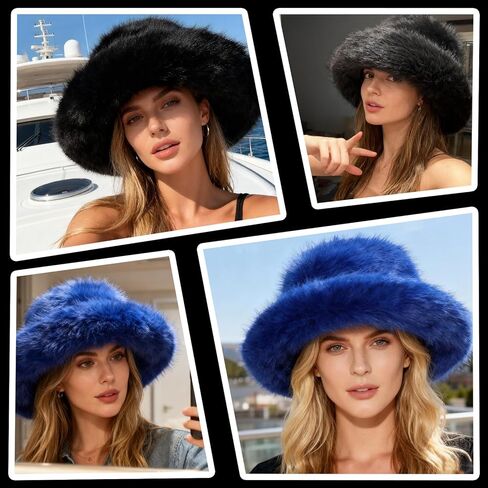 Oversized Winter Faux Fur Bucket Hat for Women Luxury Long Fur Wide Fluffy Moldable Brim in Saudi Arabia