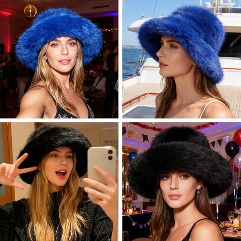 Oversized Winter Faux Fur Bucket Hat for Women Luxury Long Fur Wide Fluffy Moldable Brim in Saudi Arabia
