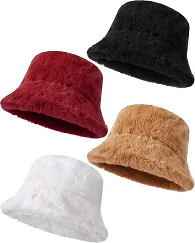 Newcotte 4 Pack Winter Bucket Hat Faux Fur Fisherman Cap Fluffy Fuzzy Warm Hat for Women Men Furry Warm Fisherman Cap Gift for Cold Weather Casual Trips Sports Skiing in Saudi Arabia