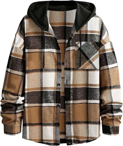Men's Plaid Hooded Jackets Gingham Button Down Shacket Drawstring Casual Coats in Saudi Arabia