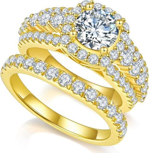 Idocare Rings for Women All Moissanite 2ct D Color 14K Yellow Gold Plated 925 Sterling Silver Wedding Ring Set in Saudi Arabia