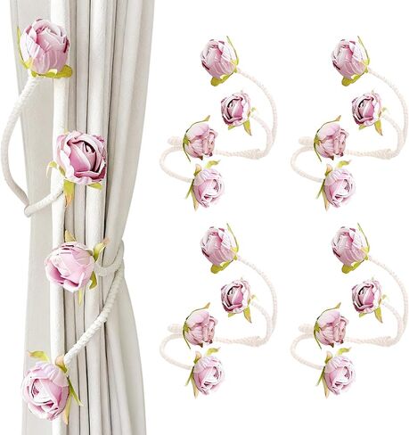Decorative Pink Rose Curtain Tieback with Artificial Flowers, Pink Roses on White Twisted Rope, Woven Rope Curtain Holdbacks, Elegant Window Treatment (2) in Saudi Arabia