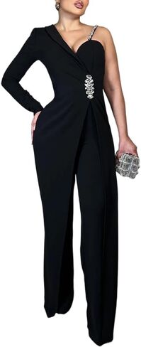 CHICME Women's One Piece Jumpsuit Asymmetrical Wide Leg Evening Romper with Crystal Shoulder Strap and Waist in Kuwait