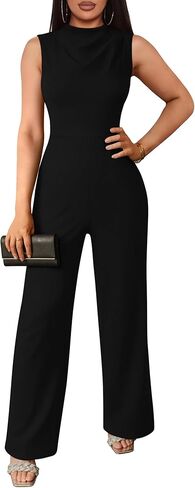 DAAWENXI Women's Casual Sleeveless Jumpsuits Dressy Mock Neck Wide Leg Pants Rompers One Piece Jumpers in Saudi Arabia