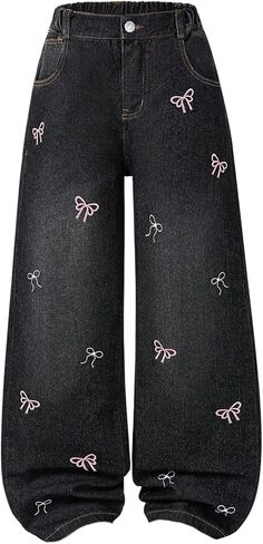 Girl's Baggy Denim Pants Y2k Bow Embroidery Elastic Waist Loose Straight Leg Jeans in Saudi Arabia