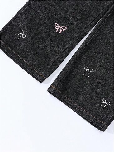 Girl's Baggy Denim Pants Y2k Bow Embroidery Elastic Waist Loose Straight Leg Jeans in Saudi Arabia