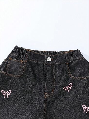 Girl's Baggy Denim Pants Y2k Bow Embroidery Elastic Waist Loose Straight Leg Jeans in Saudi Arabia