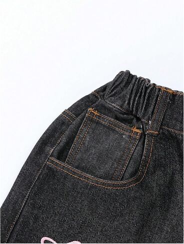 Girl's Baggy Denim Pants Y2k Bow Embroidery Elastic Waist Loose Straight Leg Jeans in Saudi Arabia
