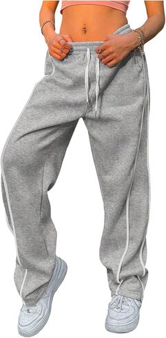 Floerns Women's Elastic Drawstring Waist Sweatpants Contrast Trim Baggy Straight Leg Casual Trousers in Saudi Arabia