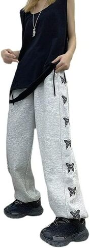 Grunge Butterfly Printed Wide Leg Pants Y2K Aesthetic Jogger Pants Loose Drawstring Sweatpants Harajuku Streetwear in Saudi Arabia