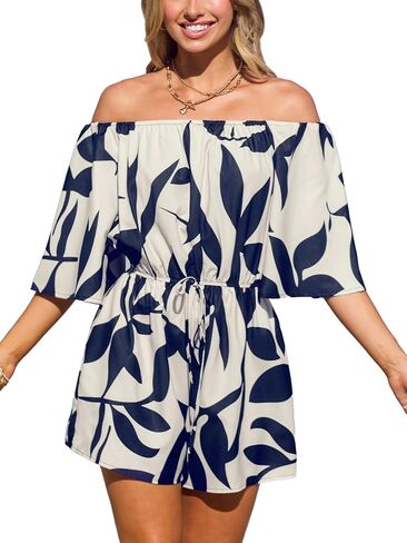 CUPSHE Women's Summer Casual 3/4 Sleeve Romper Wide Leg Floral Tropical Off Shoulder Elastic Waist Jumpsuit with Pockets in Kuwait