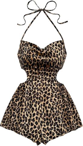 SHENHE Women's Summer Halter Romper Ruched Cut Out Backless Cowl Neck Vacation Shorts Jumper in Saudi Arabia