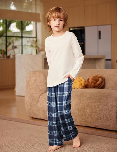 Arshiner Boys Blue Plaid Pajama Pants Long Plaid PJ Bottoms Boys Sleepwear Blue and White Plaid Lounge Pants with Pockets 8-9 Years in Saudi Arabia
