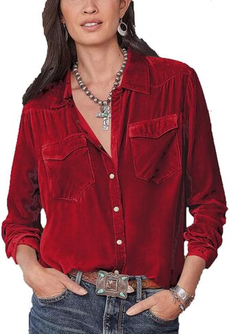 Velvet Shirts for Women Long Sleeve Button Down Shirt Vintage Tops Lapel Blouse Fall Winter Tee with Pocket in Saudi Arabia