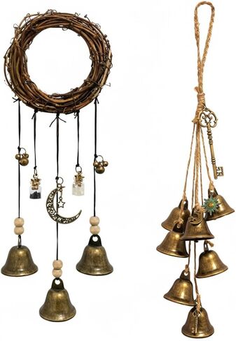 Set of 2 Witch Bells for Door – Featuring a Moon Wreath + Vintage Key, Said to Ward Off Negative Energy; Witches Bells Hanger for Front Door, Entryway & Doorknob; Witchy Decor in Saudi Arabia