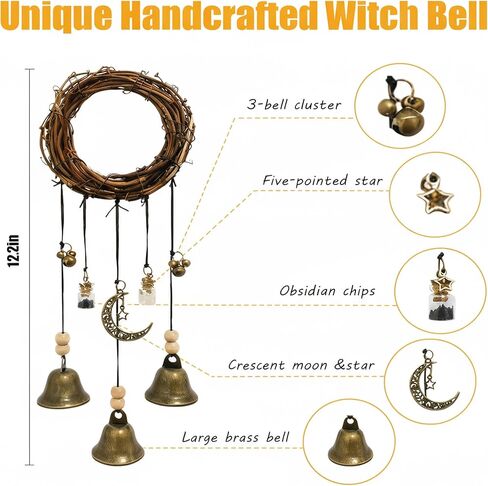 Set of 2 Witch Bells for Door – Featuring a Moon Wreath + Vintage Key, Said to Ward Off Negative Energy; Witches Bells Hanger for Front Door, Entryway & Doorknob; Witchy Decor in Saudi Arabia