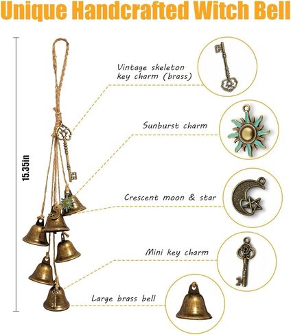 Set of 2 Witch Bells for Door – Featuring a Moon Wreath + Vintage Key, Said to Ward Off Negative Energy; Witches Bells Hanger for Front Door, Entryway & Doorknob; Witchy Decor in Saudi Arabia